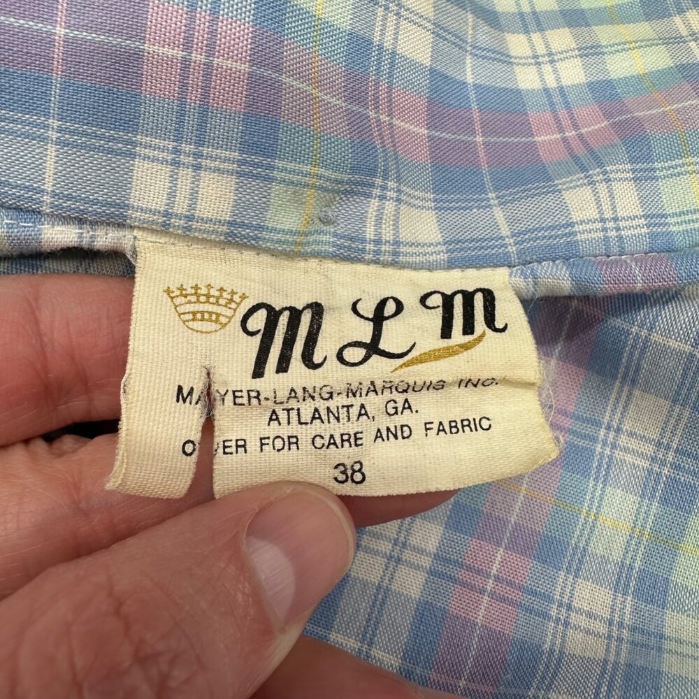 Vintage Plaid Button Up Blouse Blue Pink Bow Tie 1970s Business Shirt Retro - Picture 4 of 6